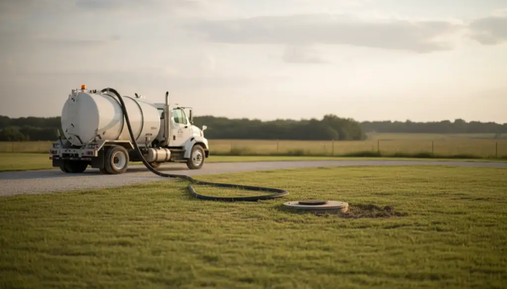 A white vacuum truck parked on a gravel drive at the edge of an open field, its hose run across the grass to an uncovered tank