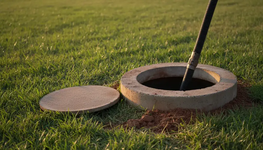An open concrete septic riser in a lawn with a black suction hose lowered into it and the lid set aside on the grass